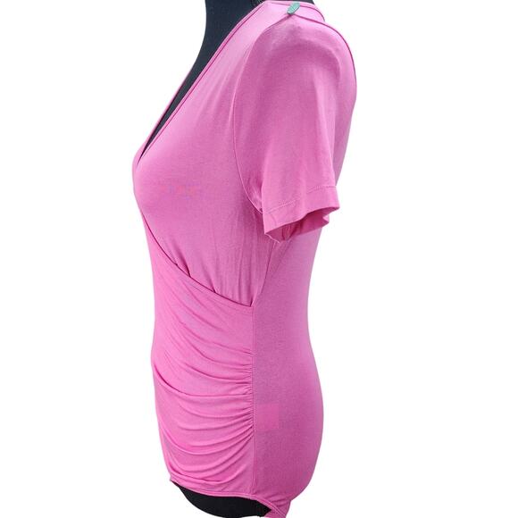NWT Mangopop Womens Bodysuit Small Pink Crossover V Neck Cap Sleeve Top - Picture 7 of 12